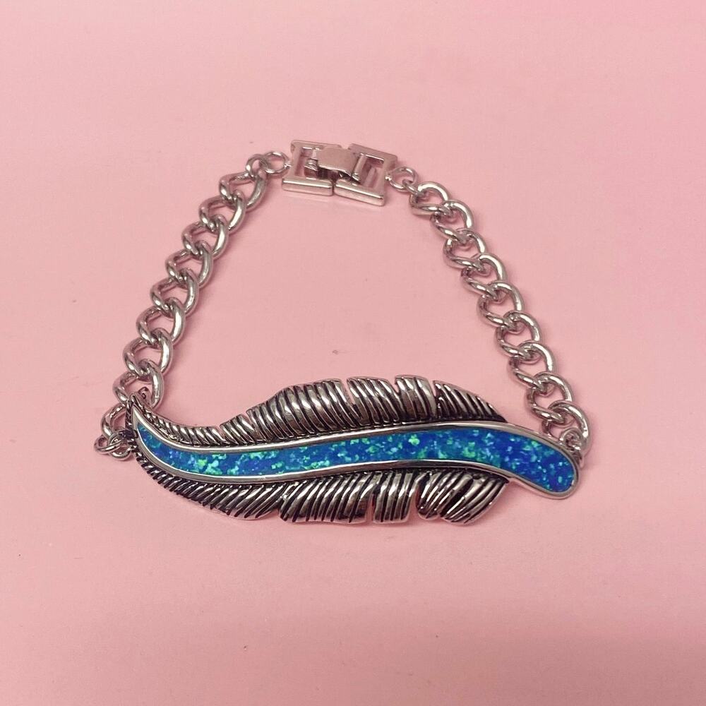 Silver Plated Chain Bracelet with Blue Opal leave Charm